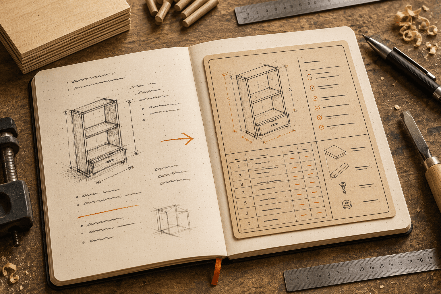 A build brief turning into a structured plan in a workshop notebook