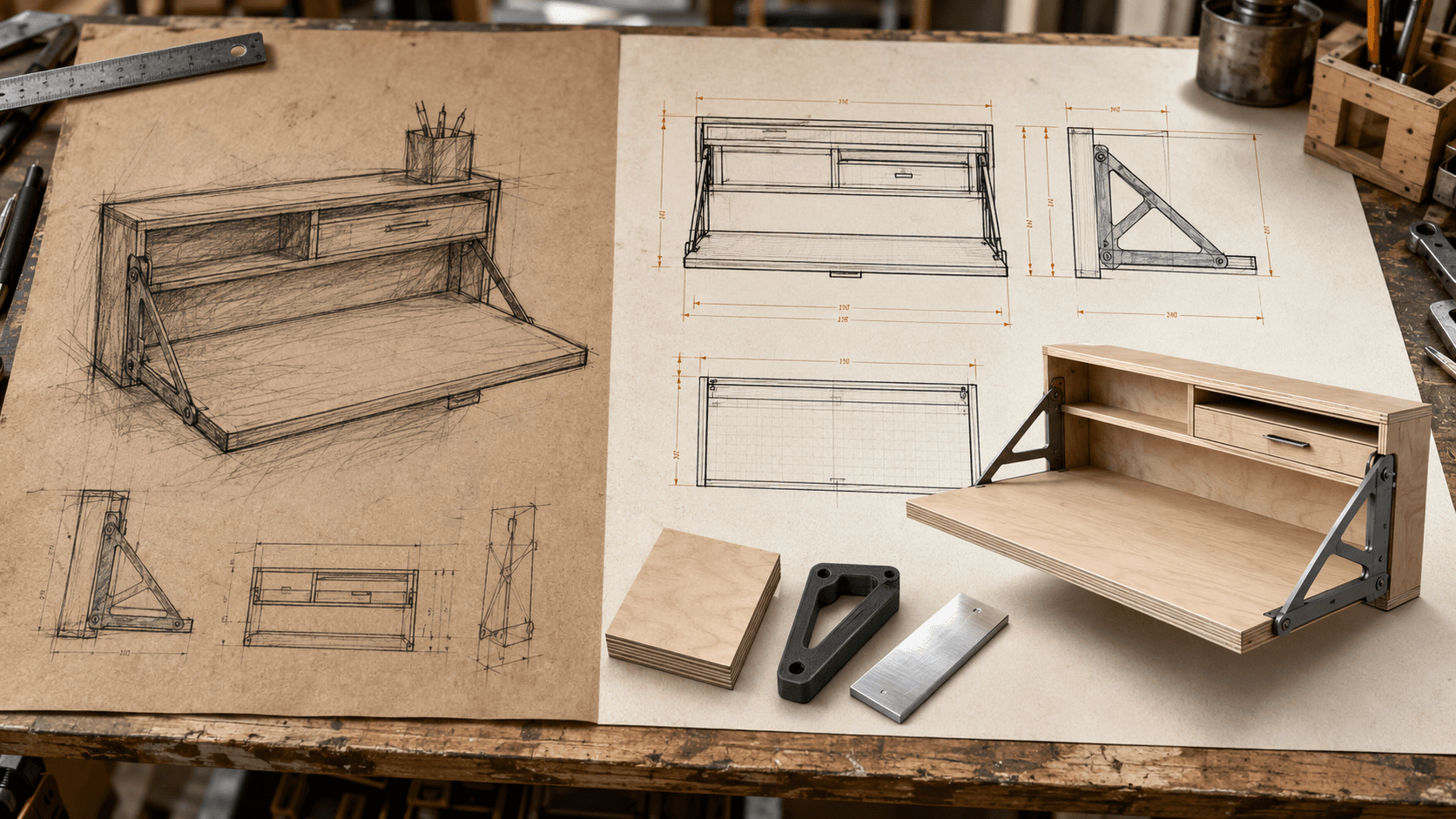 Split view of a hand-drawn desk sketch and its dimensioned technical drawing on a workbench