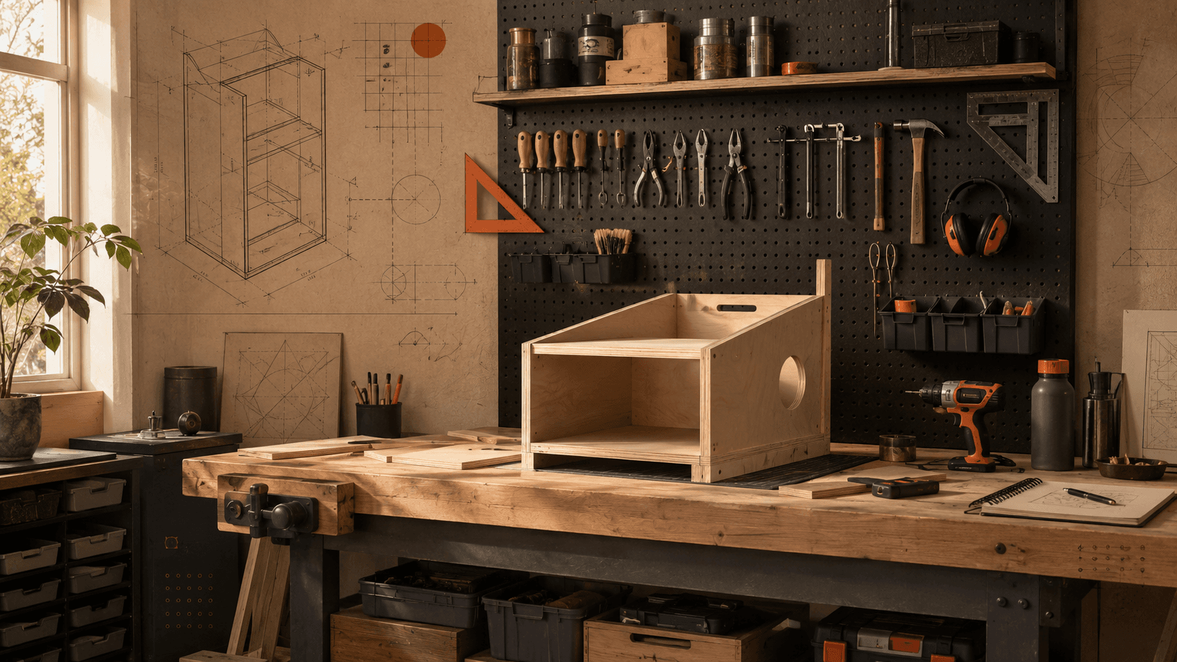 A tidy home workshop with a half-built plywood project